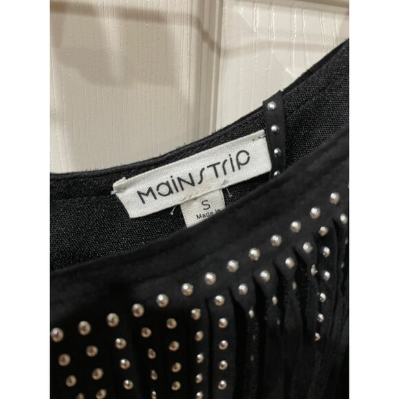 Black Studded Fringe Mini Dress With Adjustable Spaghetti Straps & Back Zipper C - Picture 3 of 8